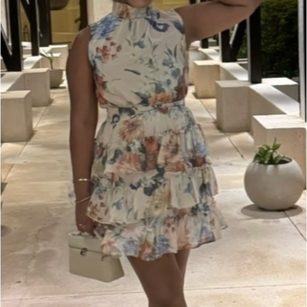 Express: Cocktail Mini High Neck Floral Sleeveless Ruffle Dress
